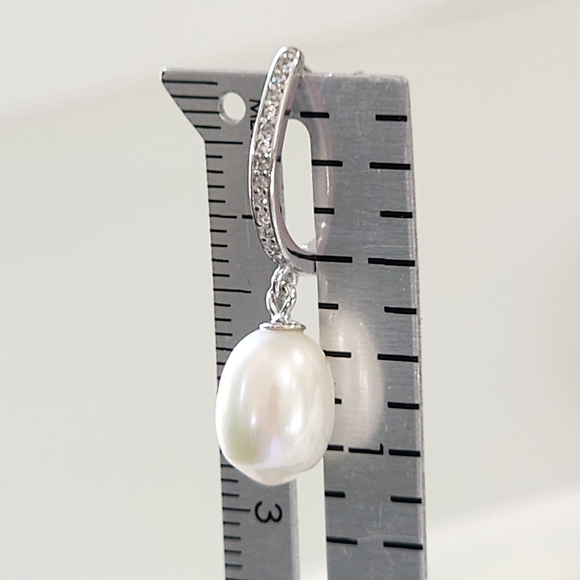 925S Sterling Silver White Cultured Freshwater Pearl Dangle Drop Earrings - Picture 9 of 12
